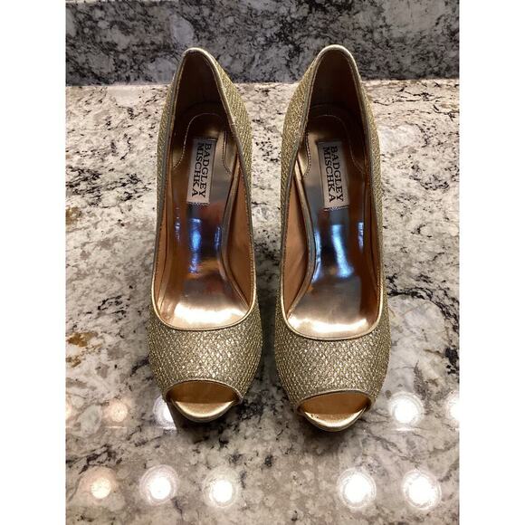Badgley Mischka Humbie peep toe Pump  7.5 Gold Glitter Platfrom Heels Slip on - Picture 8 of 14